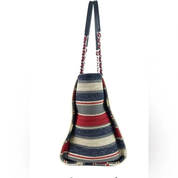 CHANEL Deauville Small Canvas Shopping Tote Bag Cream Multicolor Sides Authentic - Picture 2 of 11